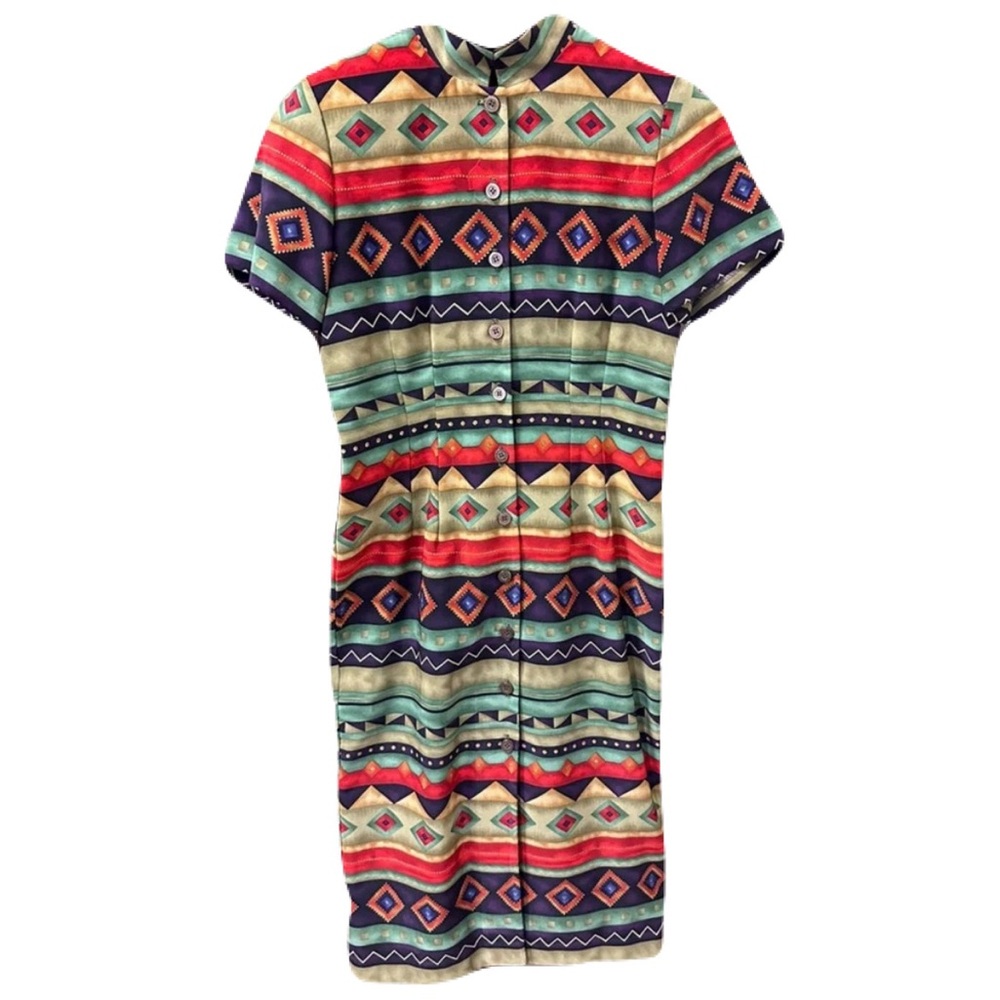 Vintage 80s Womens Size 6 Button Front Knee Length Dress Aztec Southwestern USA